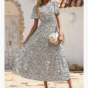Classic Gray and White Floral Maxi Sundress with Flutter Cap Sleeves